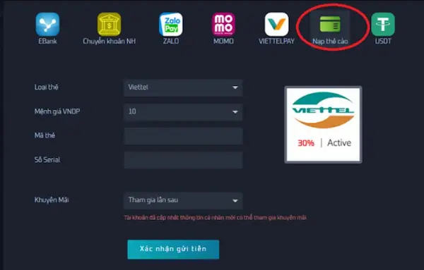 nạp tiền thẻ cào