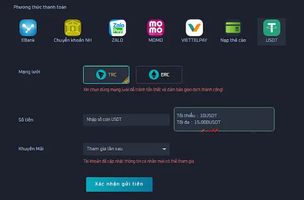 nạp bằng usdt